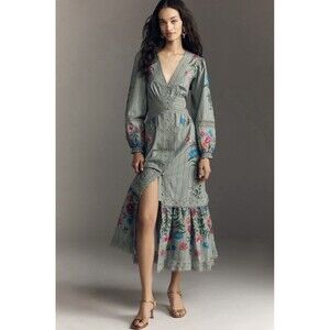 Anthropologie Green Floral Button Front Size Small Midi Dress NWT